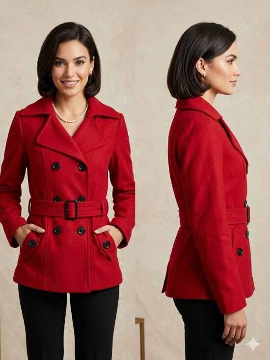 Forever 21 Jackets & Blazers - Forever 21 Women's Vibrant Red Double-Breasted Pea Coat Size Medium Fits Small